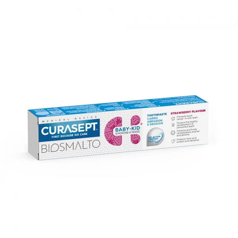 CURASEPT Biosmalto Baby-kid vaikiška dantų pasta su fluoru, braškių skonio, 50 ml
