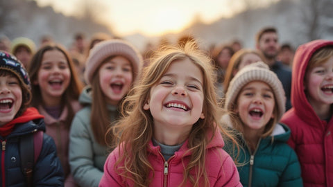 Crowd of laughing children on a winter day is heartwarming and represents the pure joy and carefree spirit of childhood. Generative AI