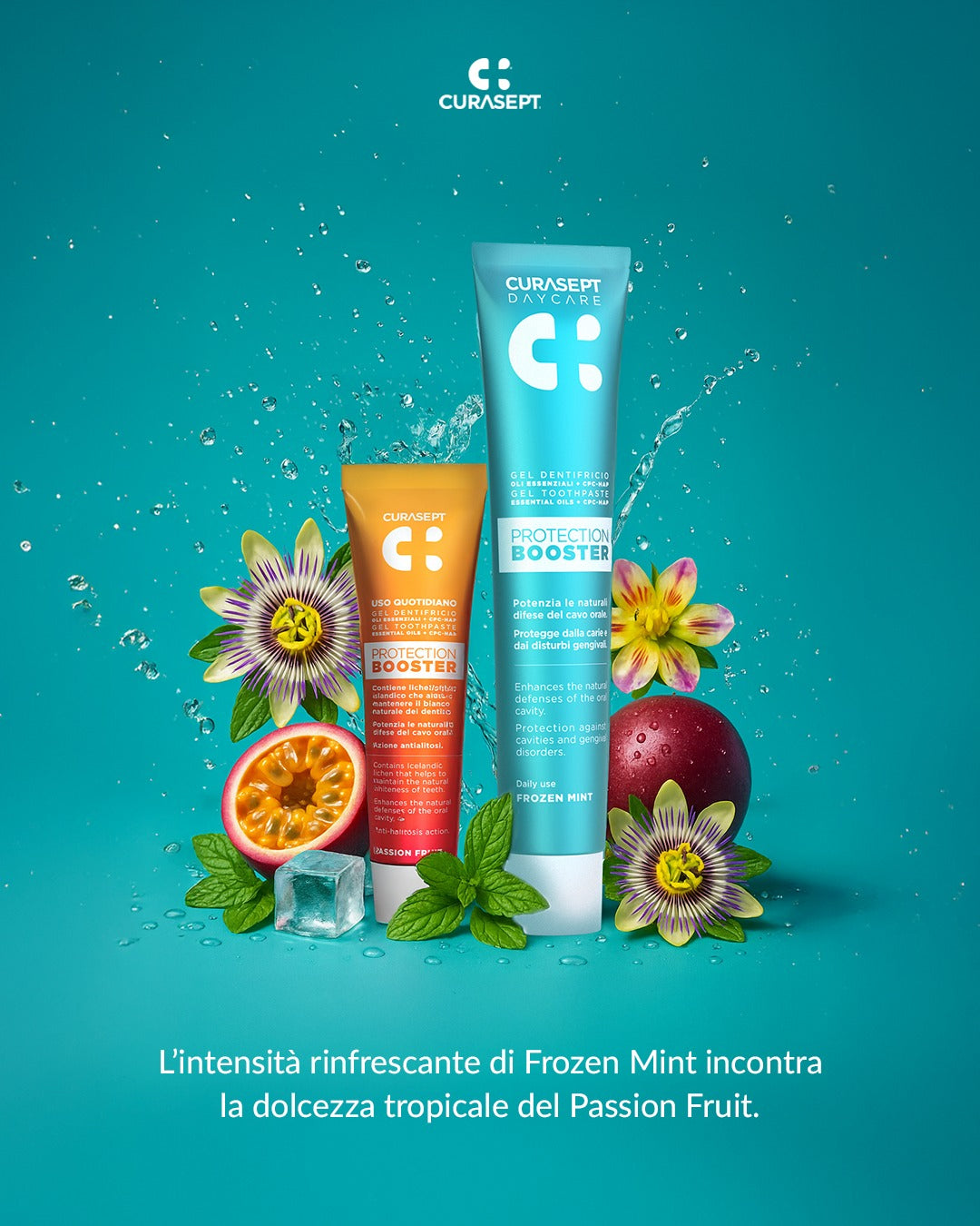 Dantų pastų rinkinys CURASEPT Tropical Breeze Protection Booster, Frozen Mint 75 ml + Passion Fruit 20 ml