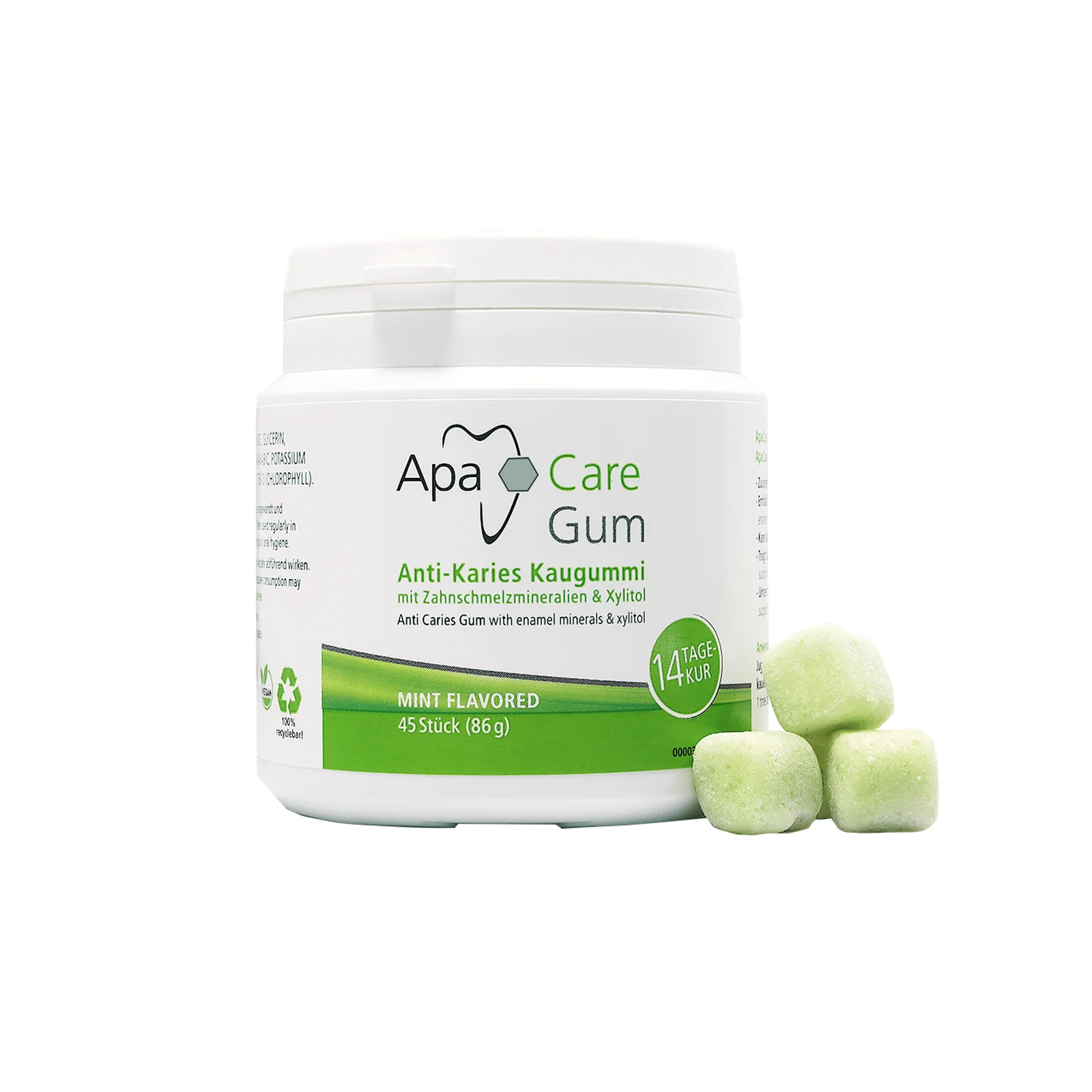 "ApaCare Gum" kramtomoji guma su ksilitoliu ir dantų emalio mineralais, 45 vnt. pakuotėje