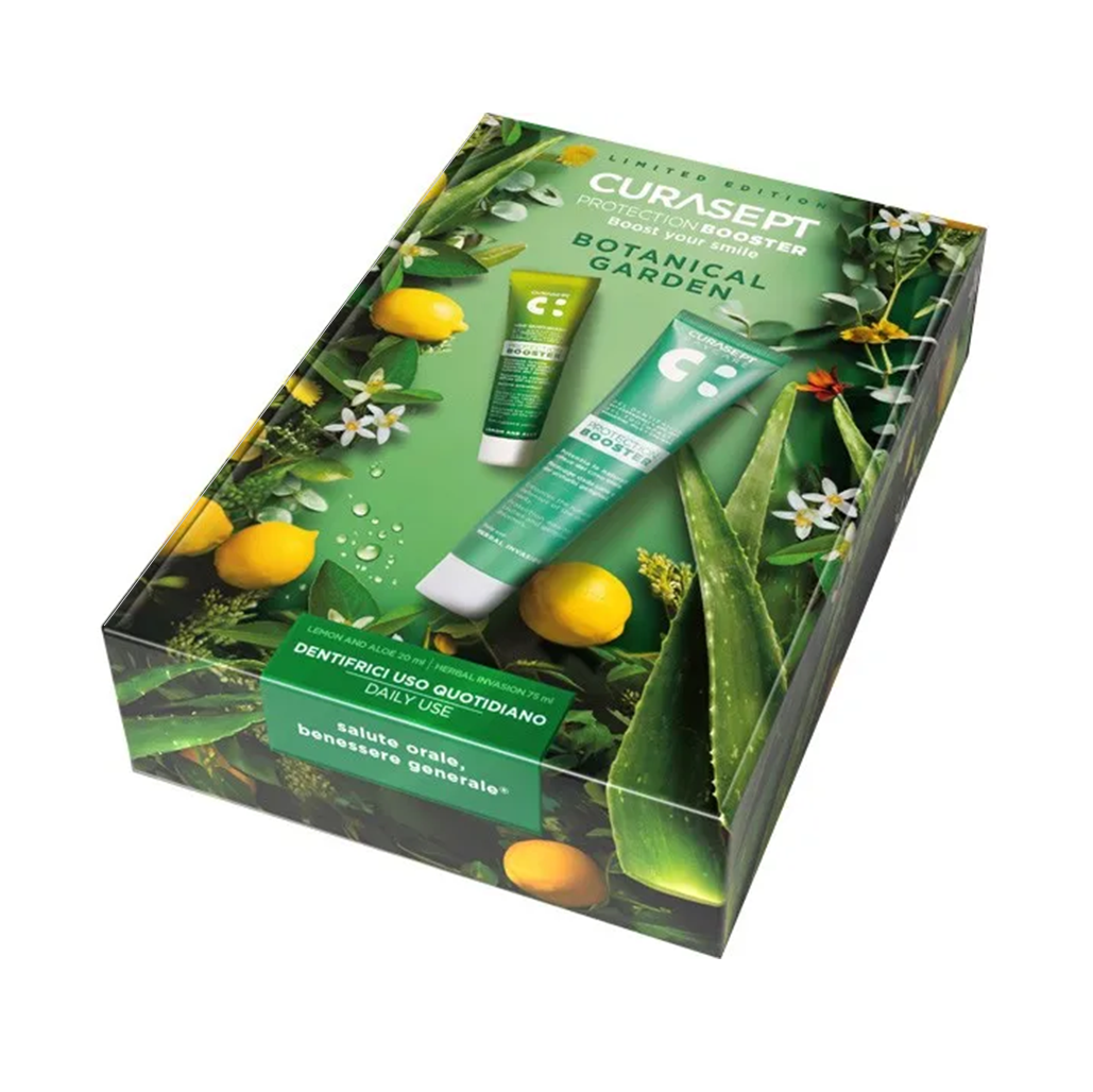 Dantų pastų rinkinys CURASEPT Botanical Garden Protection Booster, Herbal Invasion 75 ml + Limone&Aloe 20 ml