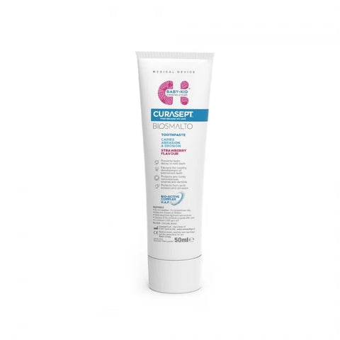 CURASEPT Biosmalto Baby-kid vaikiška dantų pasta su fluoru, braškių skonio, 50 ml
