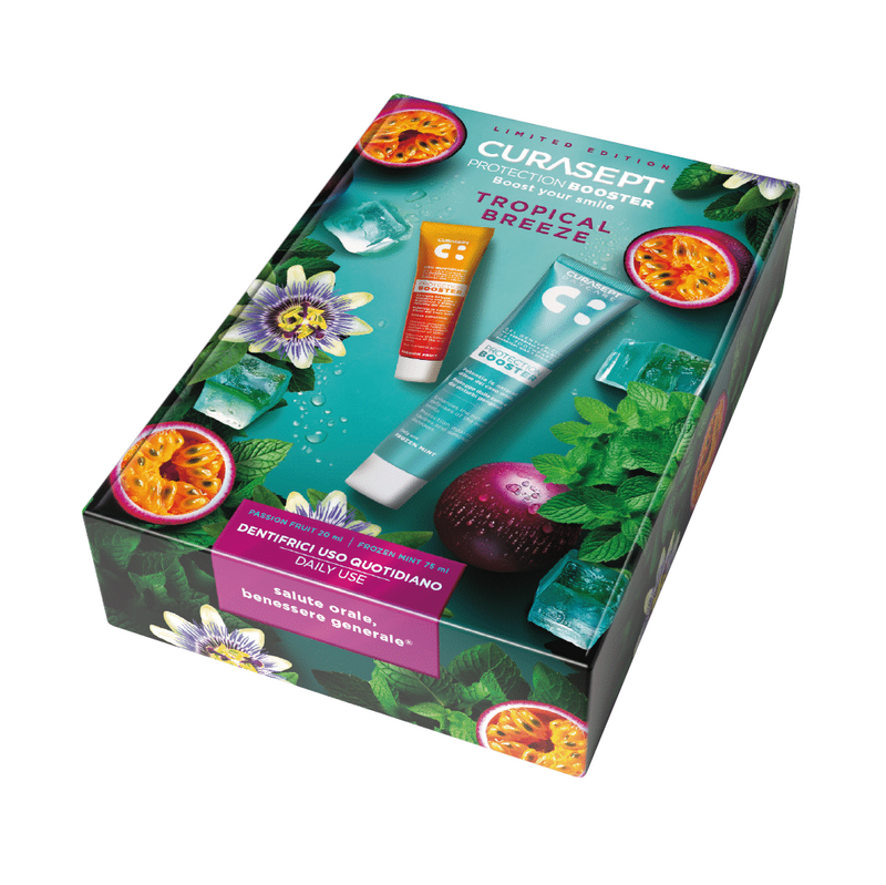 Dantų pastų rinkinys CURASEPT Tropical Breeze Protection Booster, Frozen Mint 75 ml + Passion Fruit 20 ml